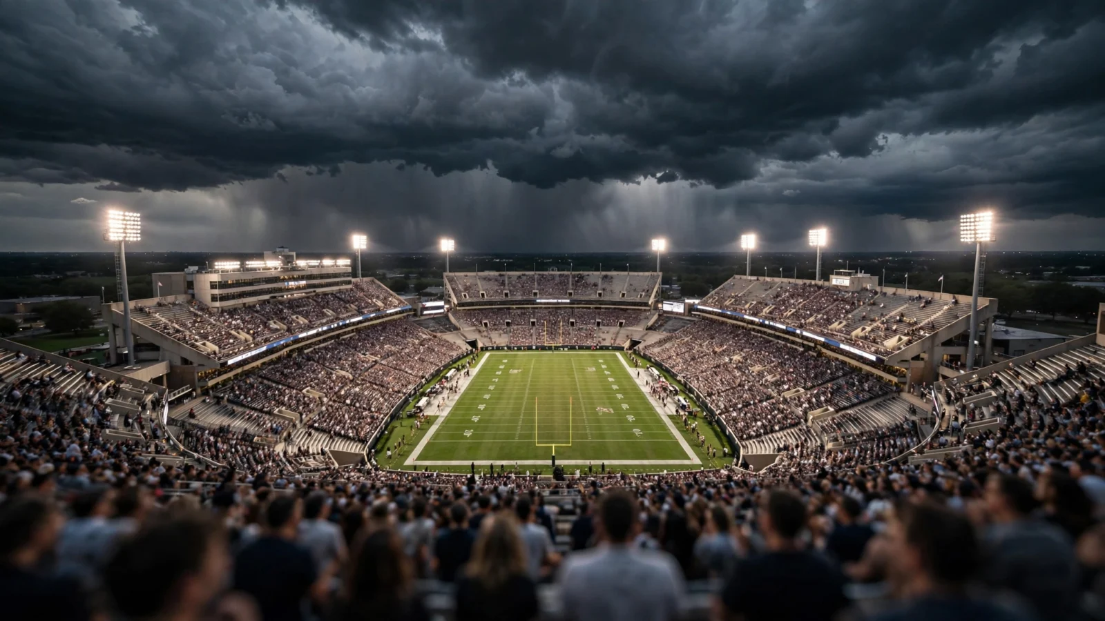 A large college football stadium lit by floodlights under dark evening clouds