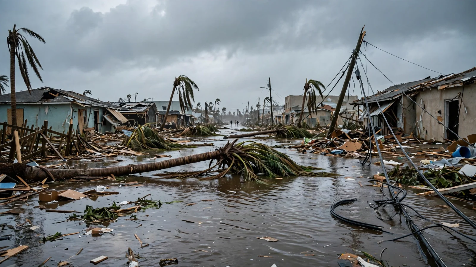 A flooded street littered with fallen palm trees, debris, and downed power lines after a hurricane
