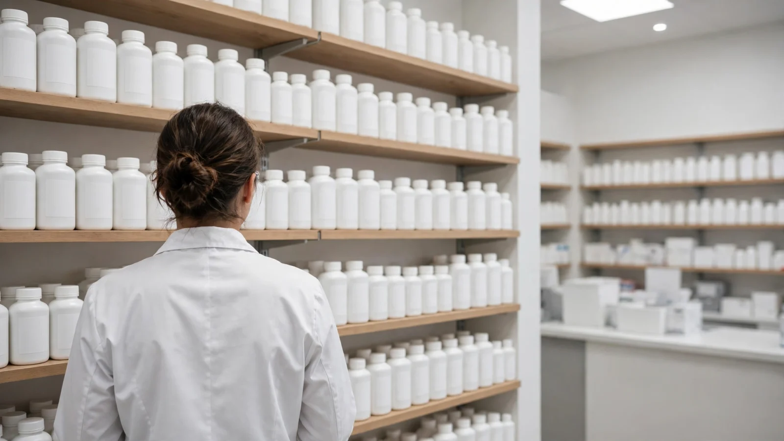 A pharmacist in a white coat seen from behind facing shelves of plain white medicine bottles with blank labels