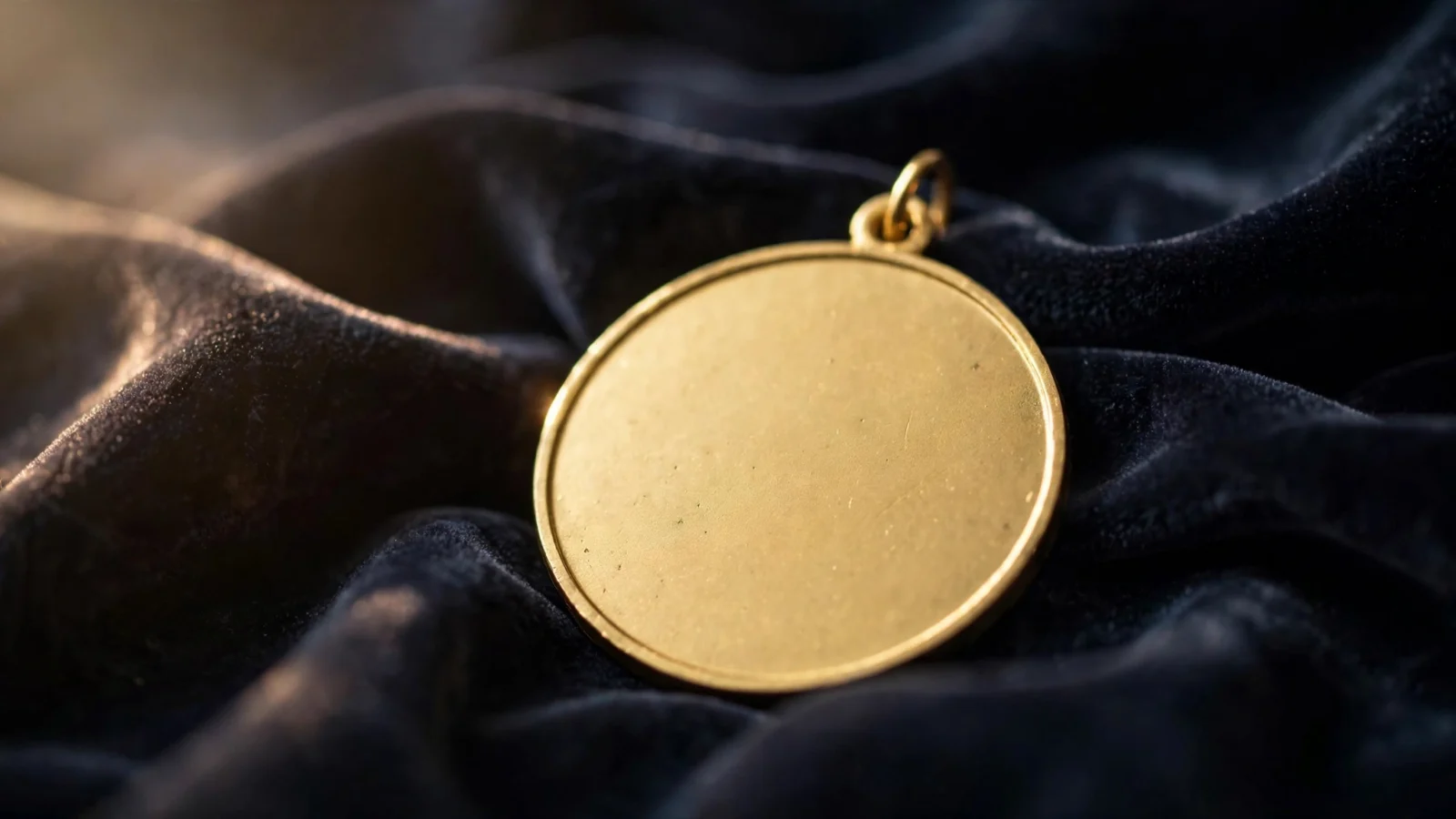 Illustration of a blank gold medal resting on dark velvet fabric