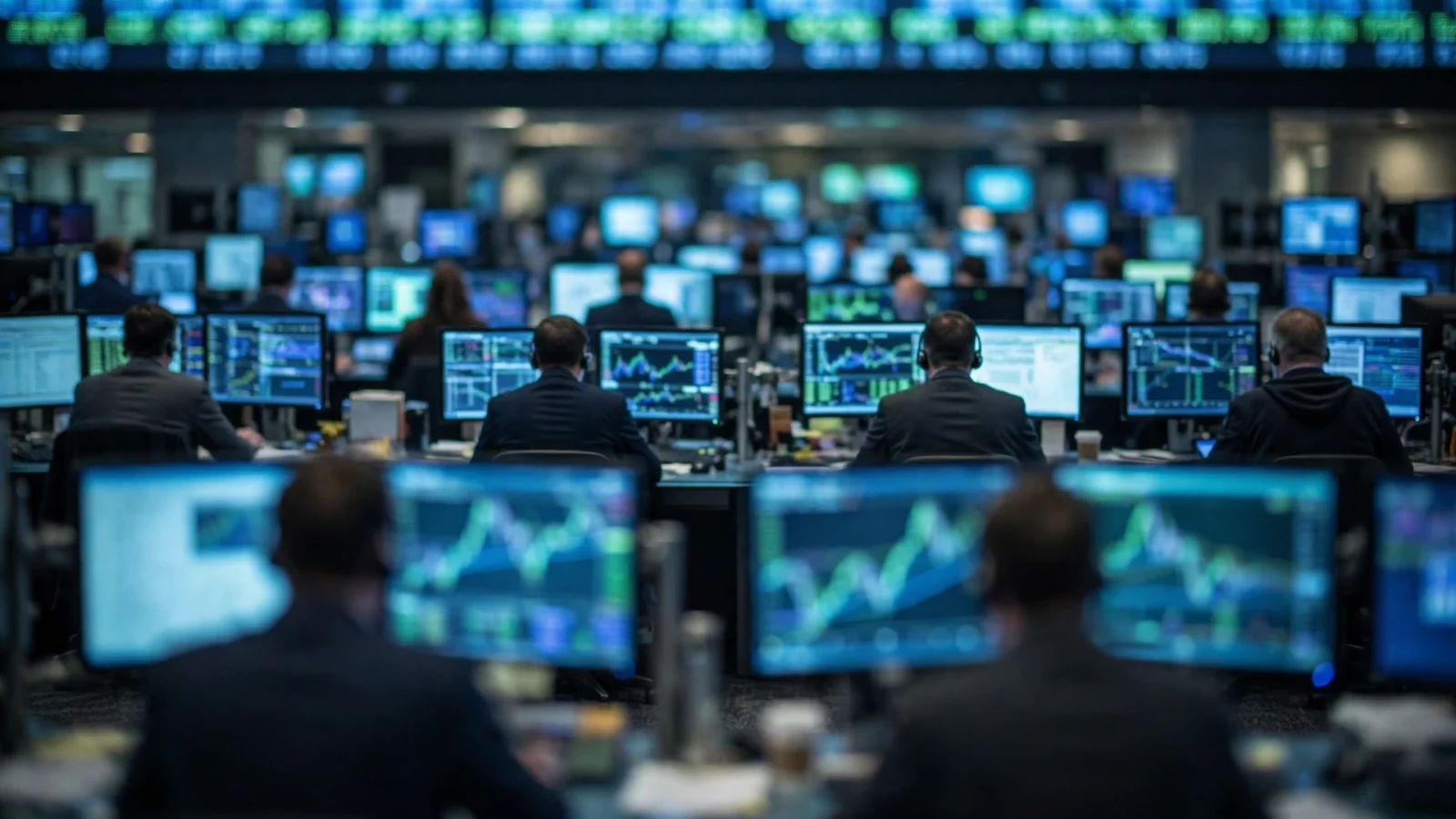 Traders at desks on a stock exchange trading floor with glowing market screens