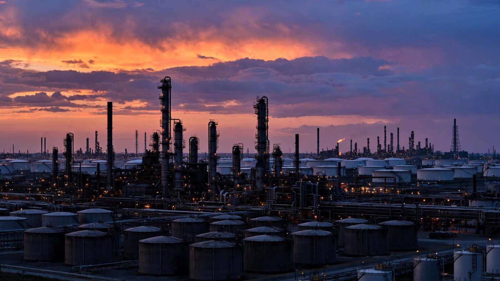 An oil refinery at dusk with storage tanks and distillation towers silhouetted against a colorful evening sky.