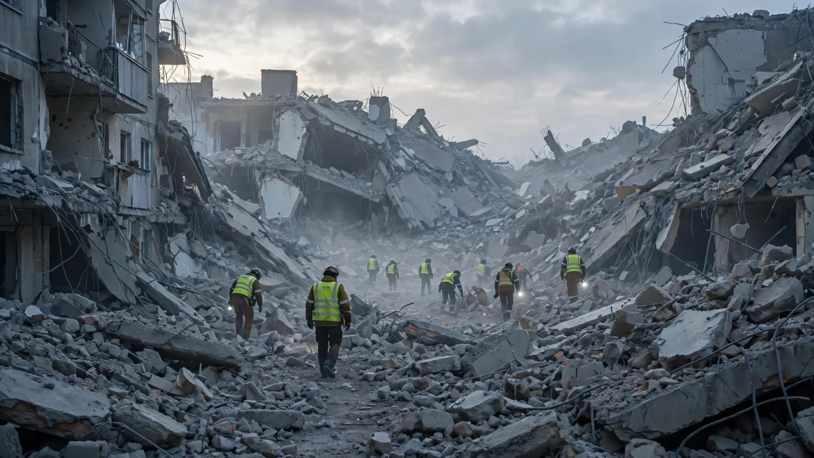 Illustration of rescue workers in high-visibility vests searching through the rubble of a collapsed residential apartment building at dawn