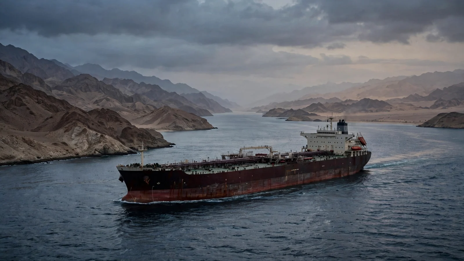 A large oil tanker sailing through a narrow stretch of water between mountainous coastlines at dusk