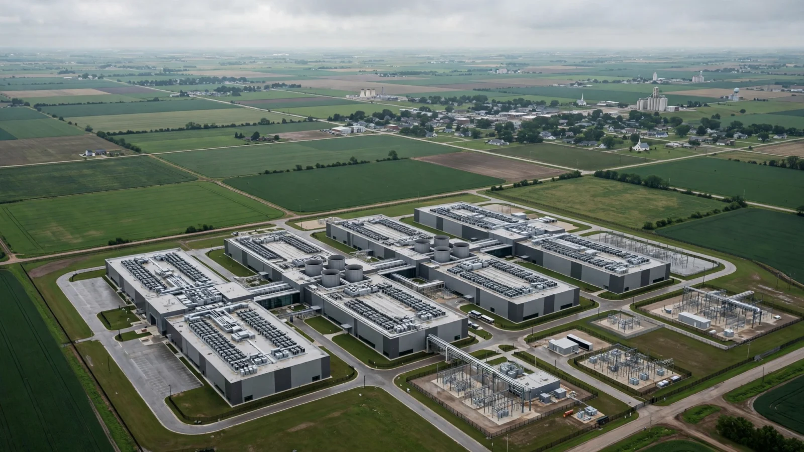 Aerial view of a large data center campus with long low server buildings surrounded by green farmland