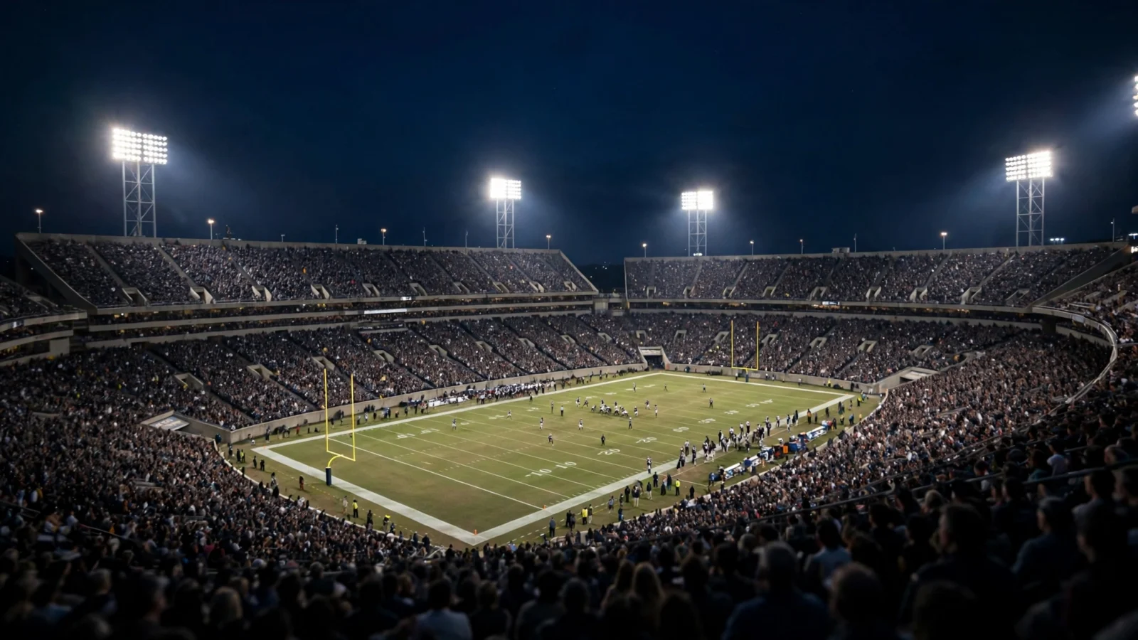 A packed football stadium under bright floodlights at night with players on the field
