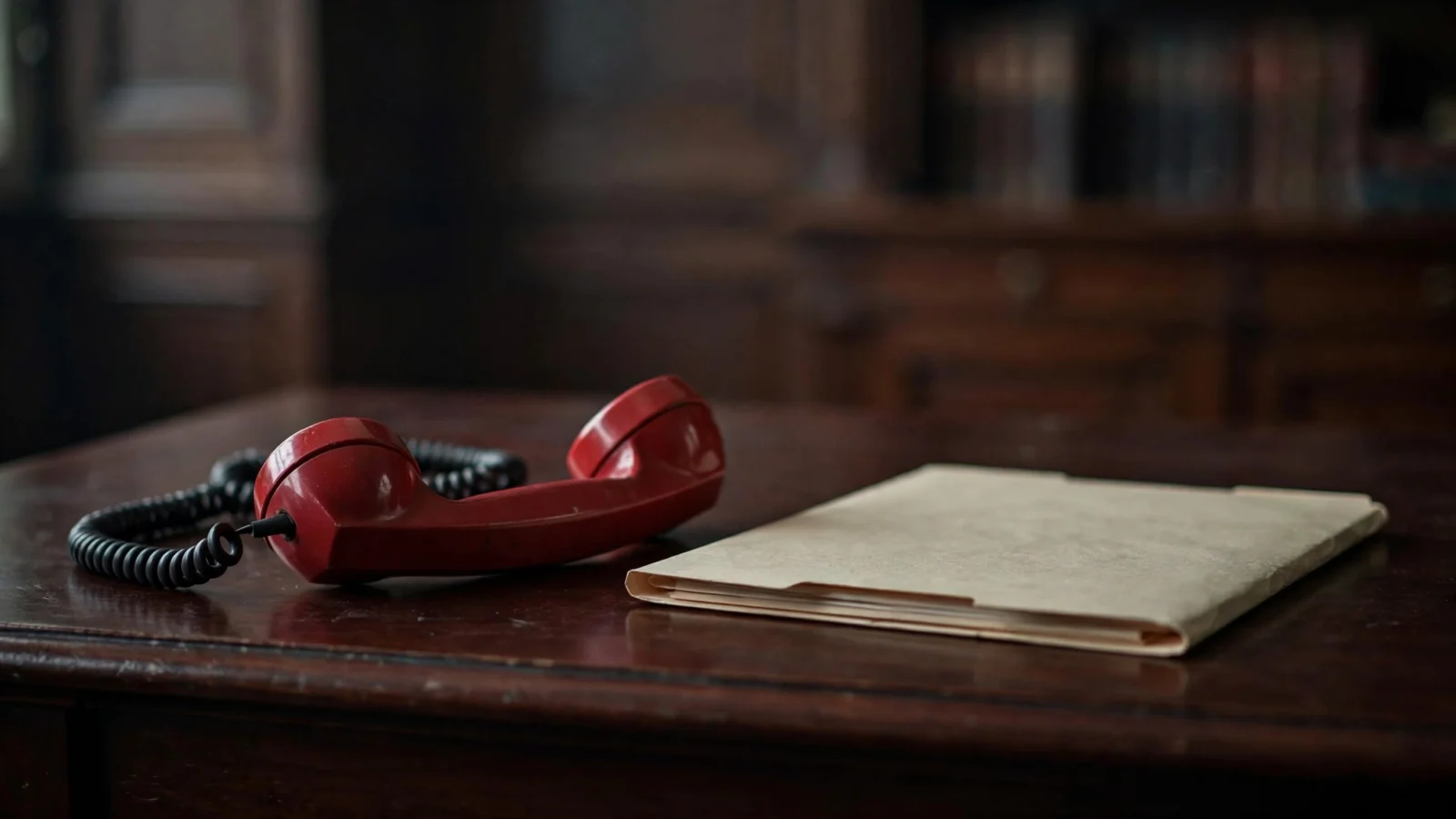 A red telephone handset resting on a dark wooden desk beside a closed manila folder