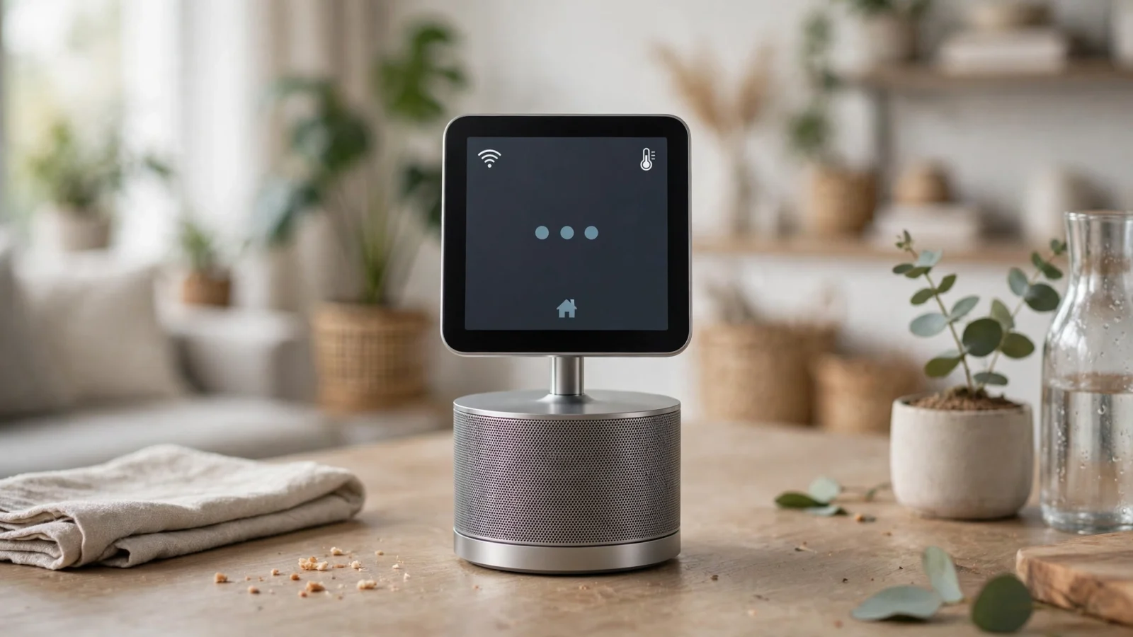A generic smart home hub with a square touchscreen on a speaker base sitting on a kitchen counter