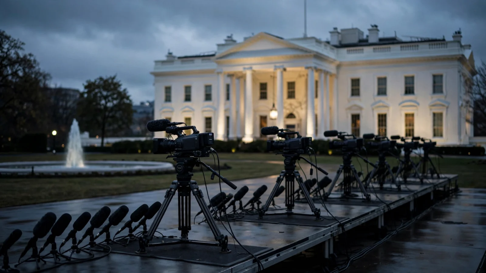 Television cameras on tripods facing the White House at dusk