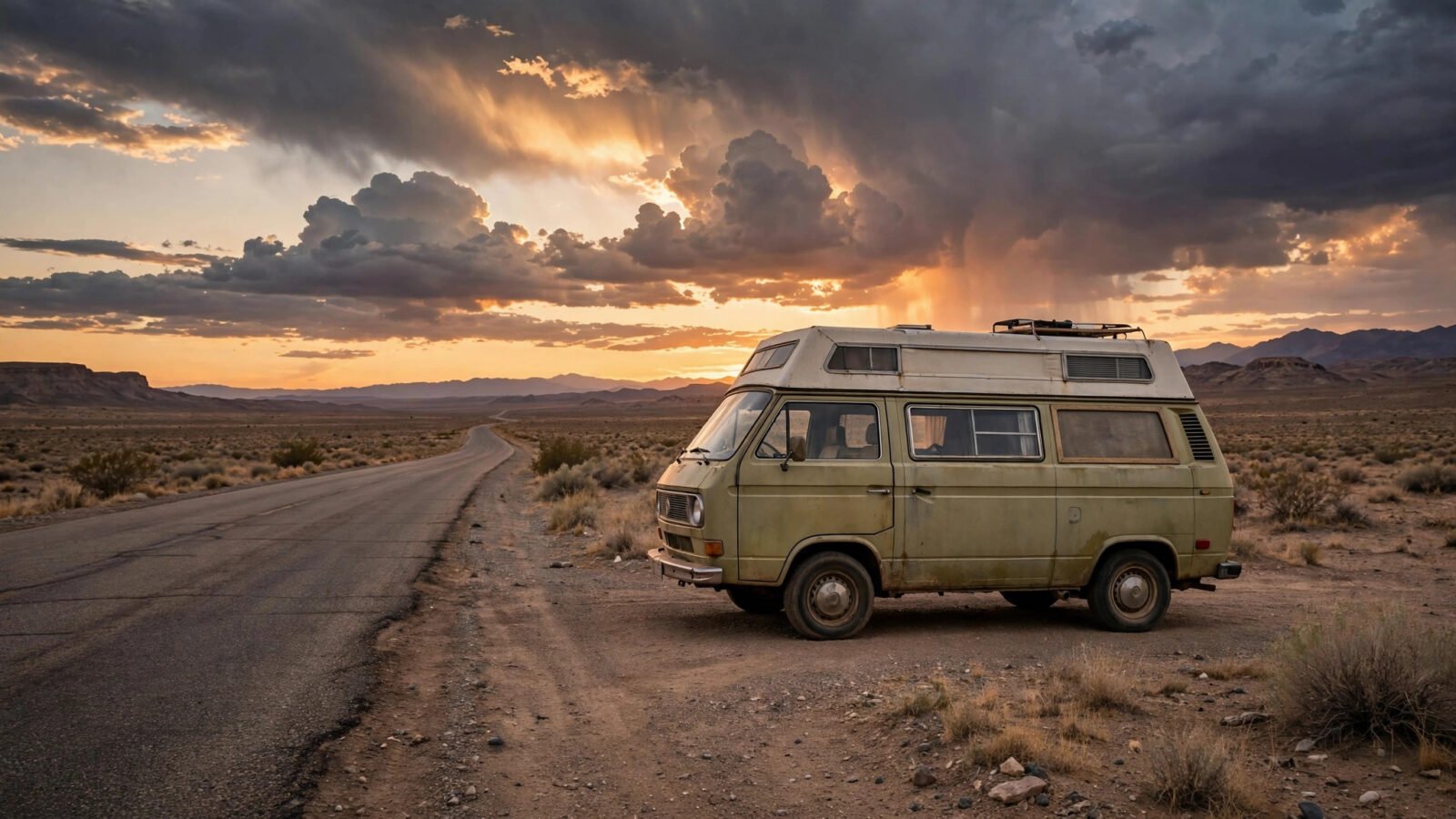 A vintage camper van parked beside a desert road at dusk under dramatic clouds.