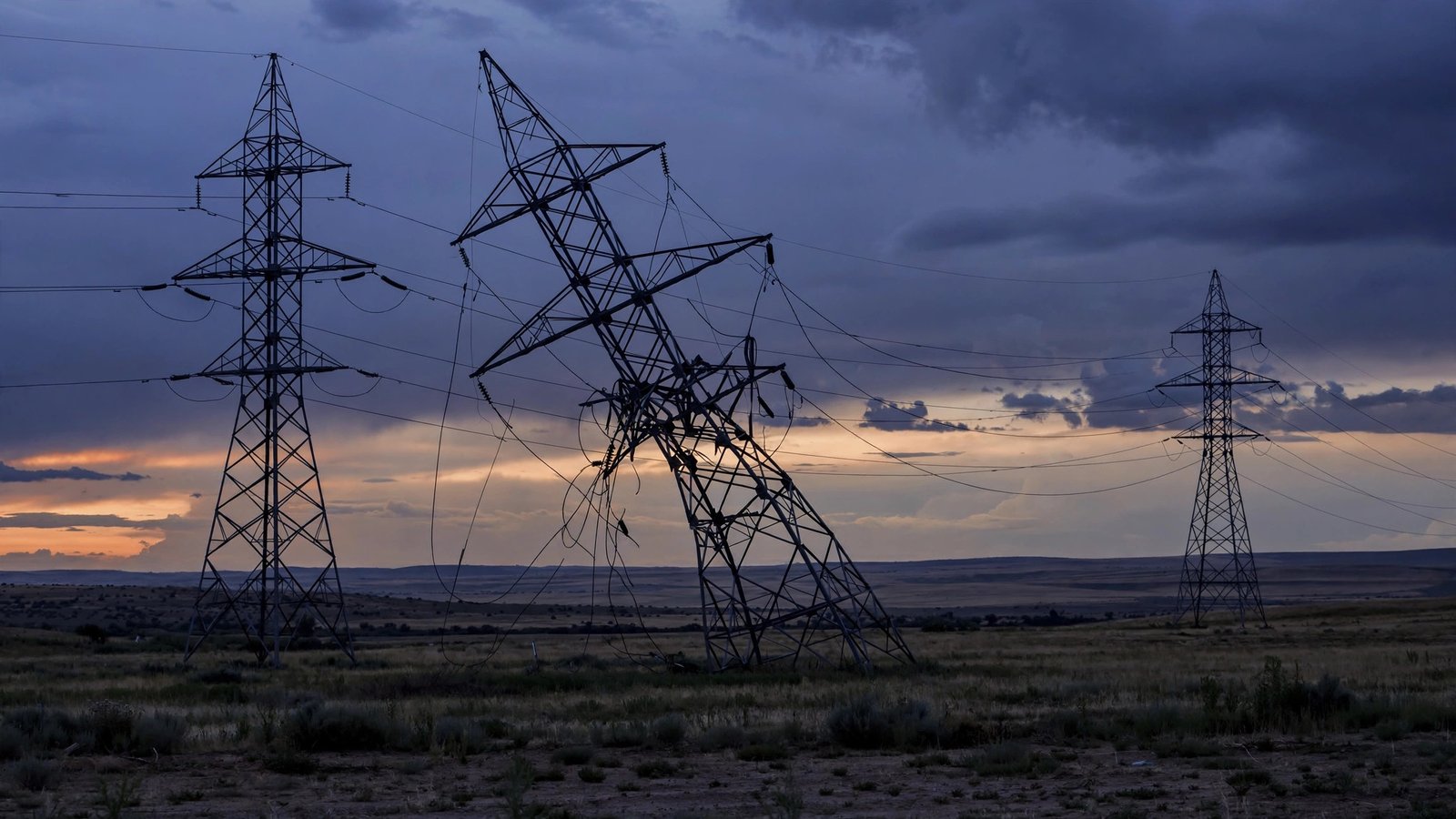 High-voltage transmission towers silhouetted against a dusky sky, one tower leaning with tangled wires