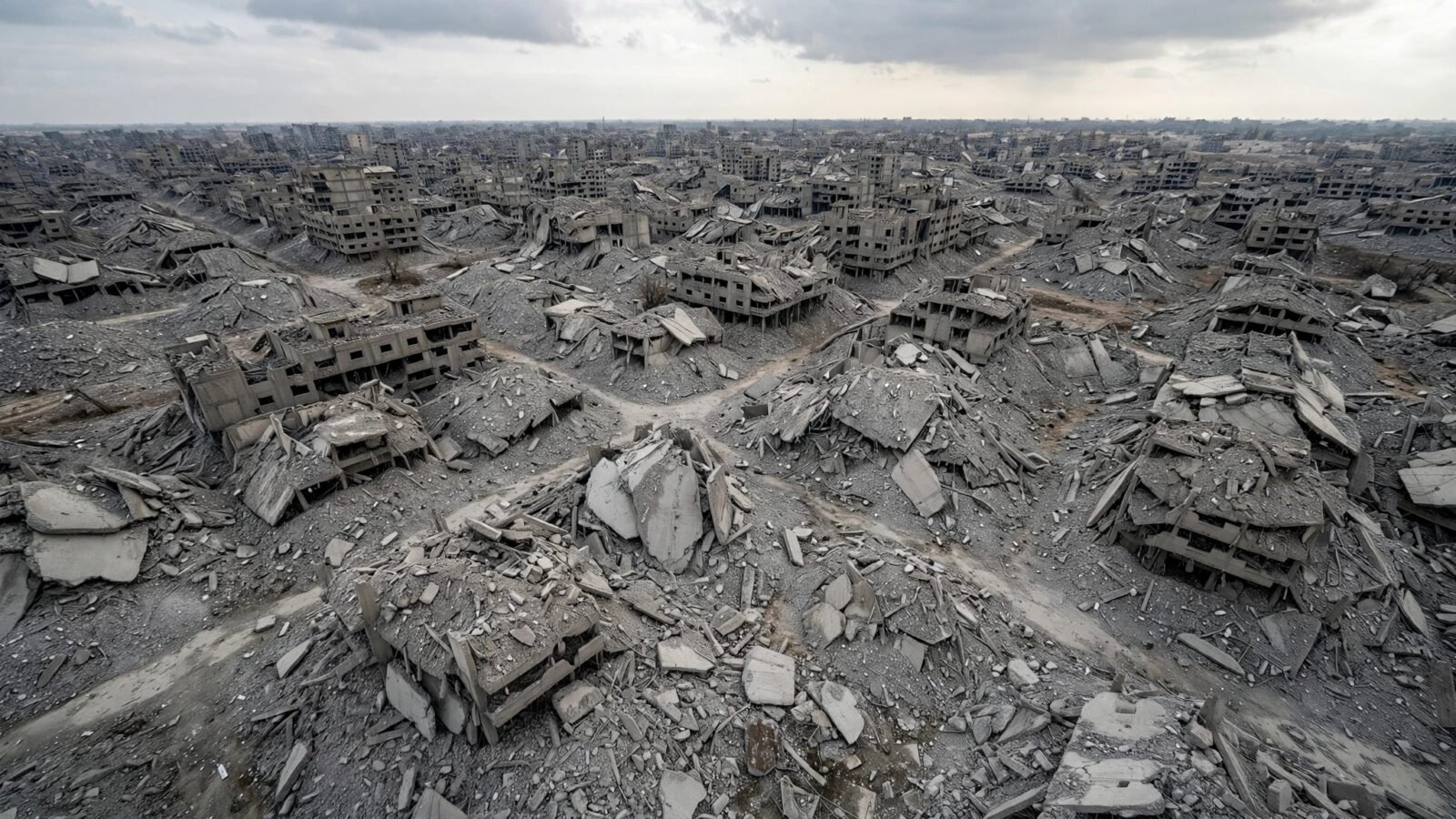 Aerial view of a destroyed city district reduced to rubble fields and collapsed concrete buildings under an overcast sky