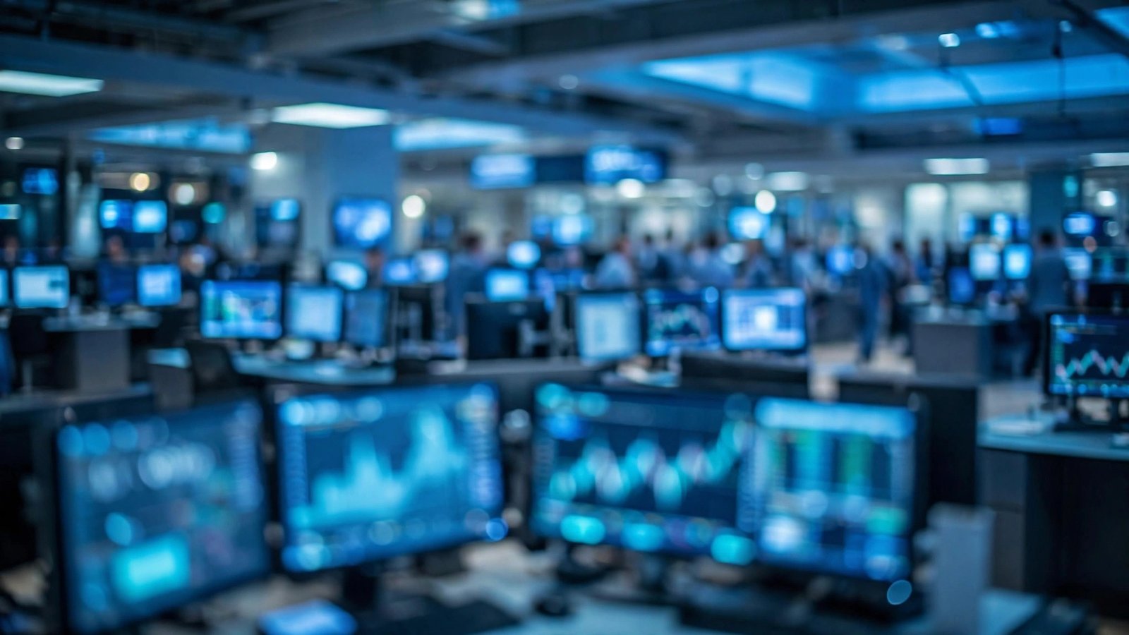 Blurred stock market trading floor with rows of monitors showing stock charts in blue light