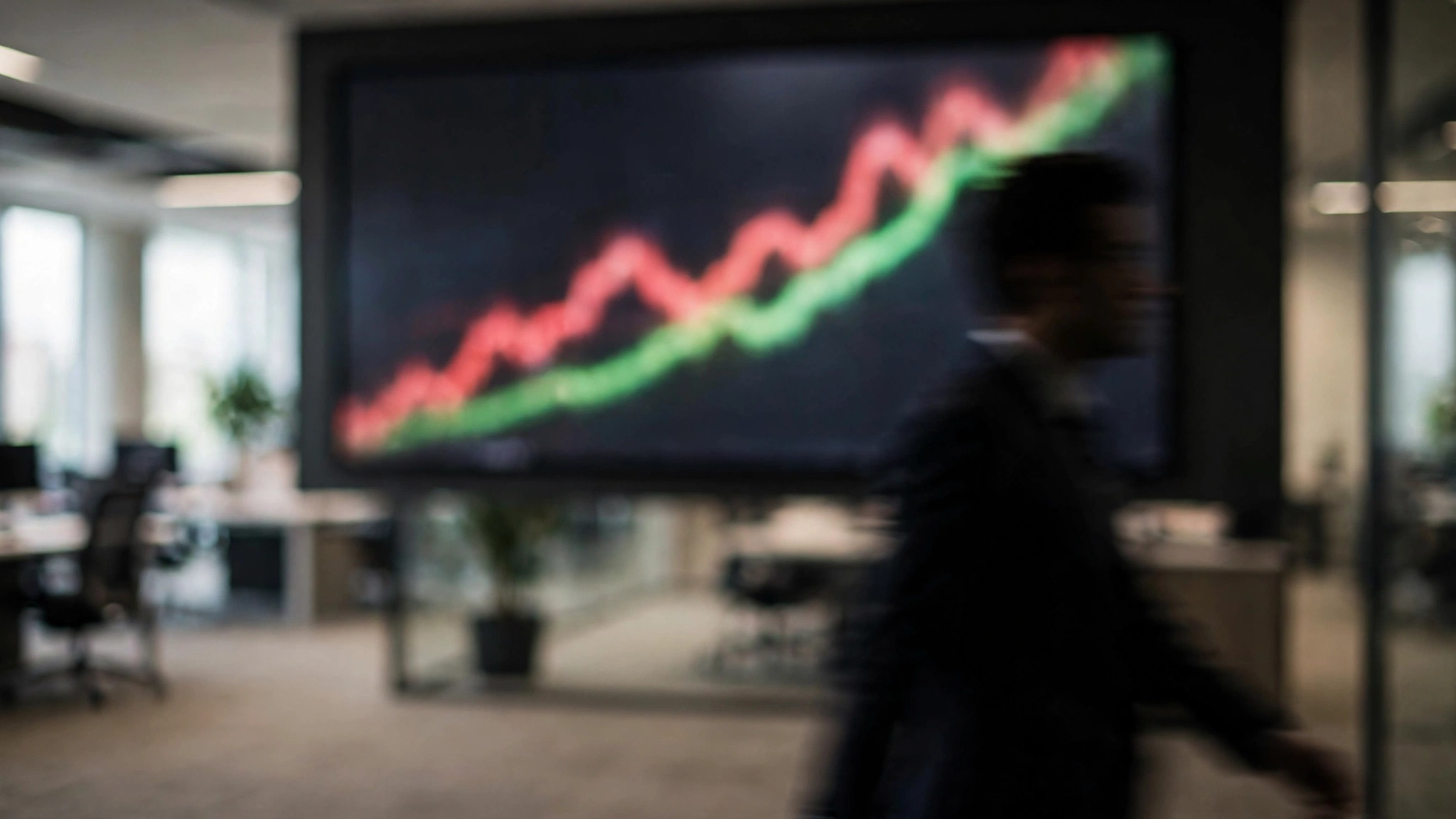 A large wall display in a financial office showing a blurred upward-trending stock market chart, with a passerby silhouetted in the foreground.