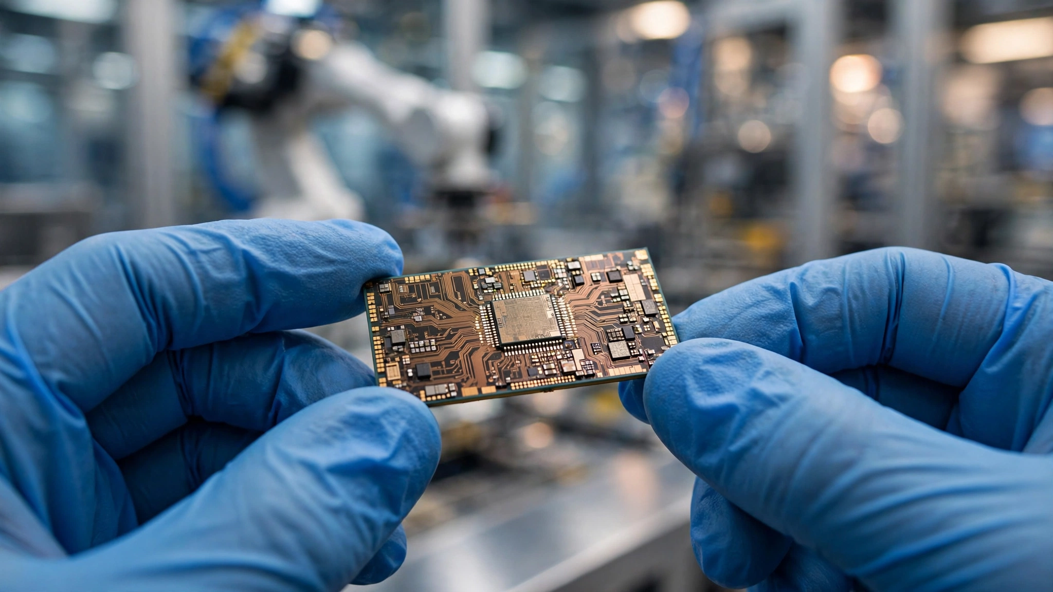 Gloved hands holding a semiconductor chip circuit board with visible circuit traces, in a blurred factory setting.