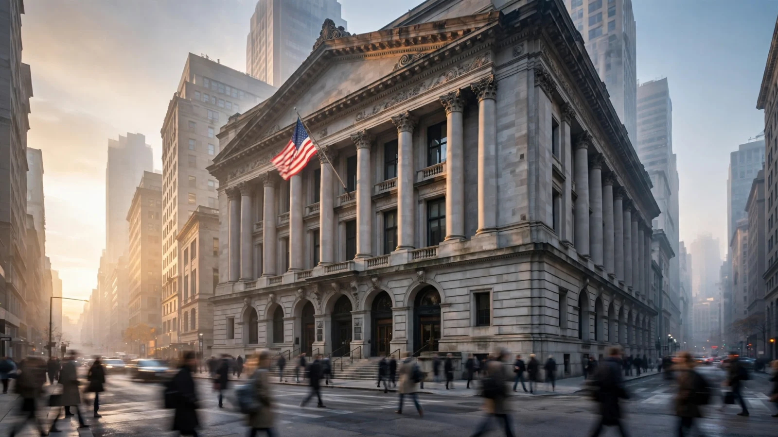 A historic columned bank headquarters building with an American flag flying from its facade, in a financial district at sunrise, with pedestrians crossing the street below.