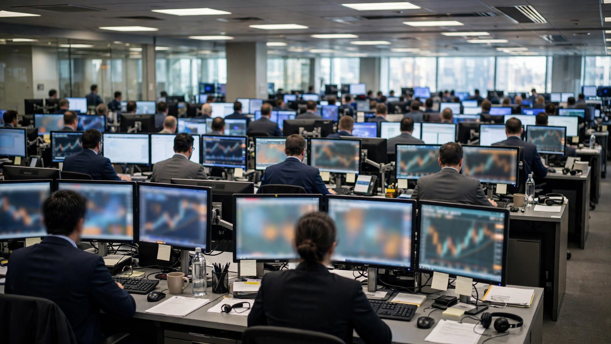 Traders in business attire working at desks with multiple computer monitors showing blurred charts on a busy stock trading floor.