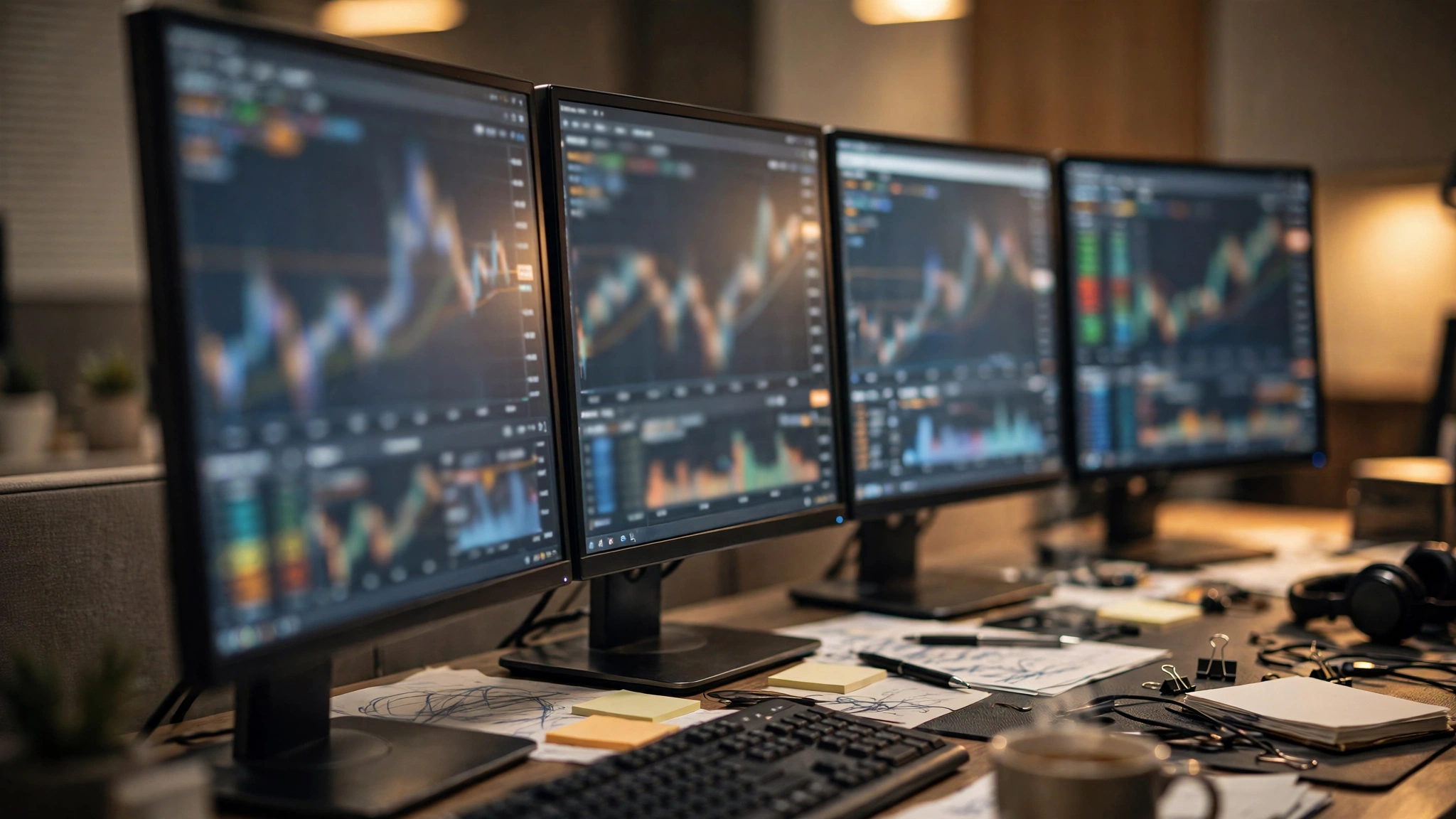 A trading desk with four monitors showing blurred market charts, a keyboard and a notebook