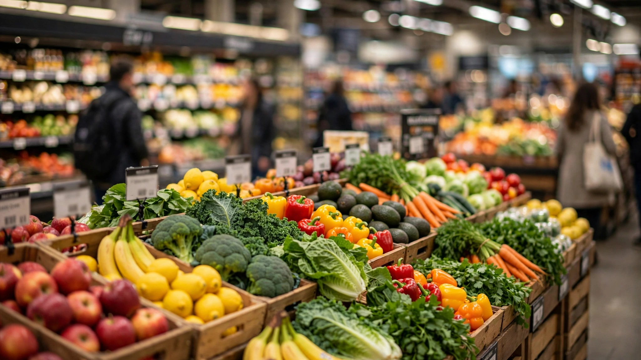 Crates of colorful produce in a grocery store aisle with shoppers in the background