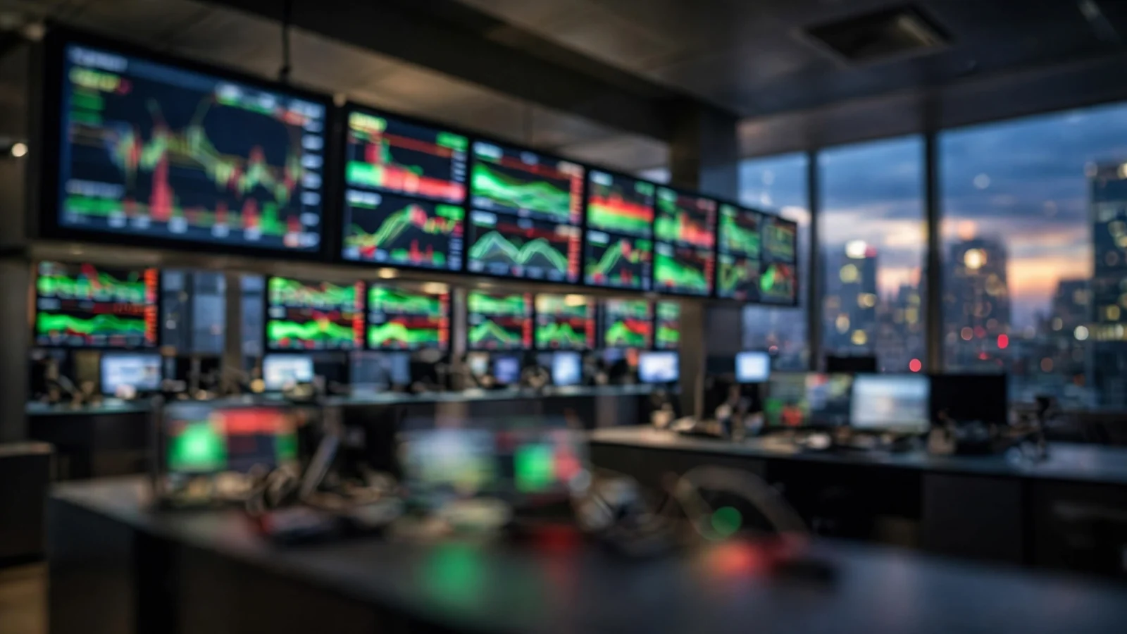 A trading floor with rows of glowing market data screens showing blurred stock charts at dusk