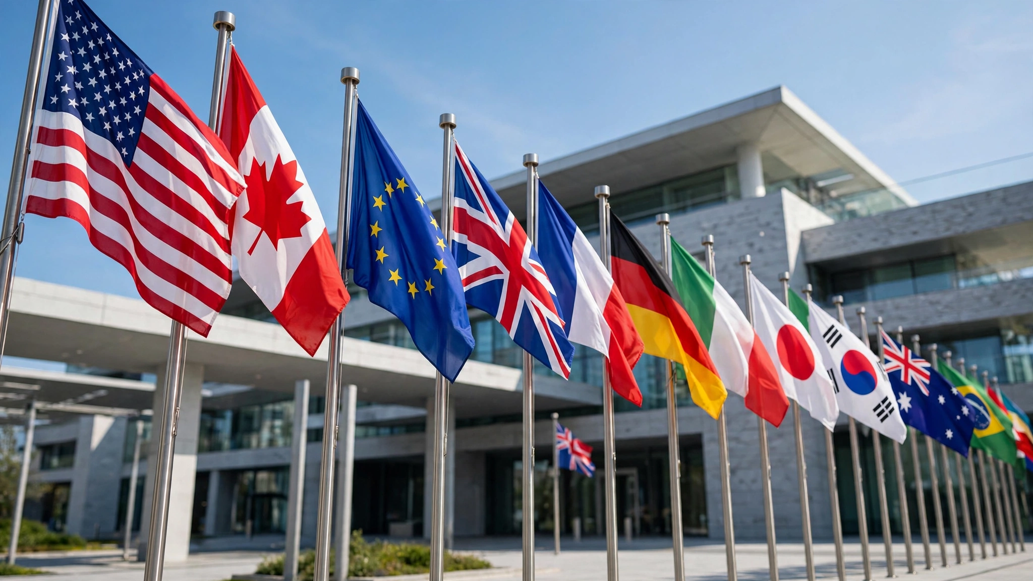 International flags waving in front of a modern government building on a clear day.