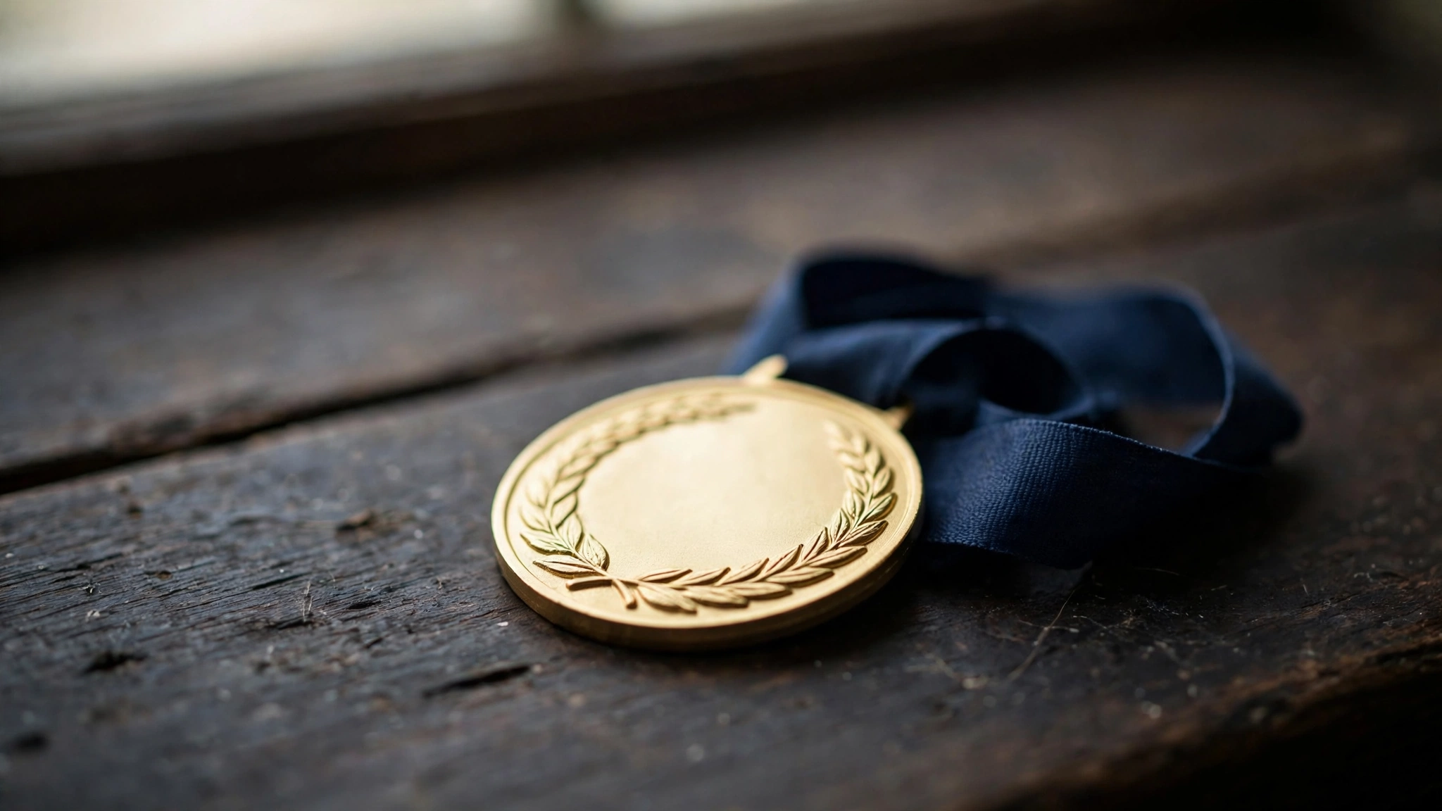 A gold medal with a laurel wreath design resting on a wooden table.