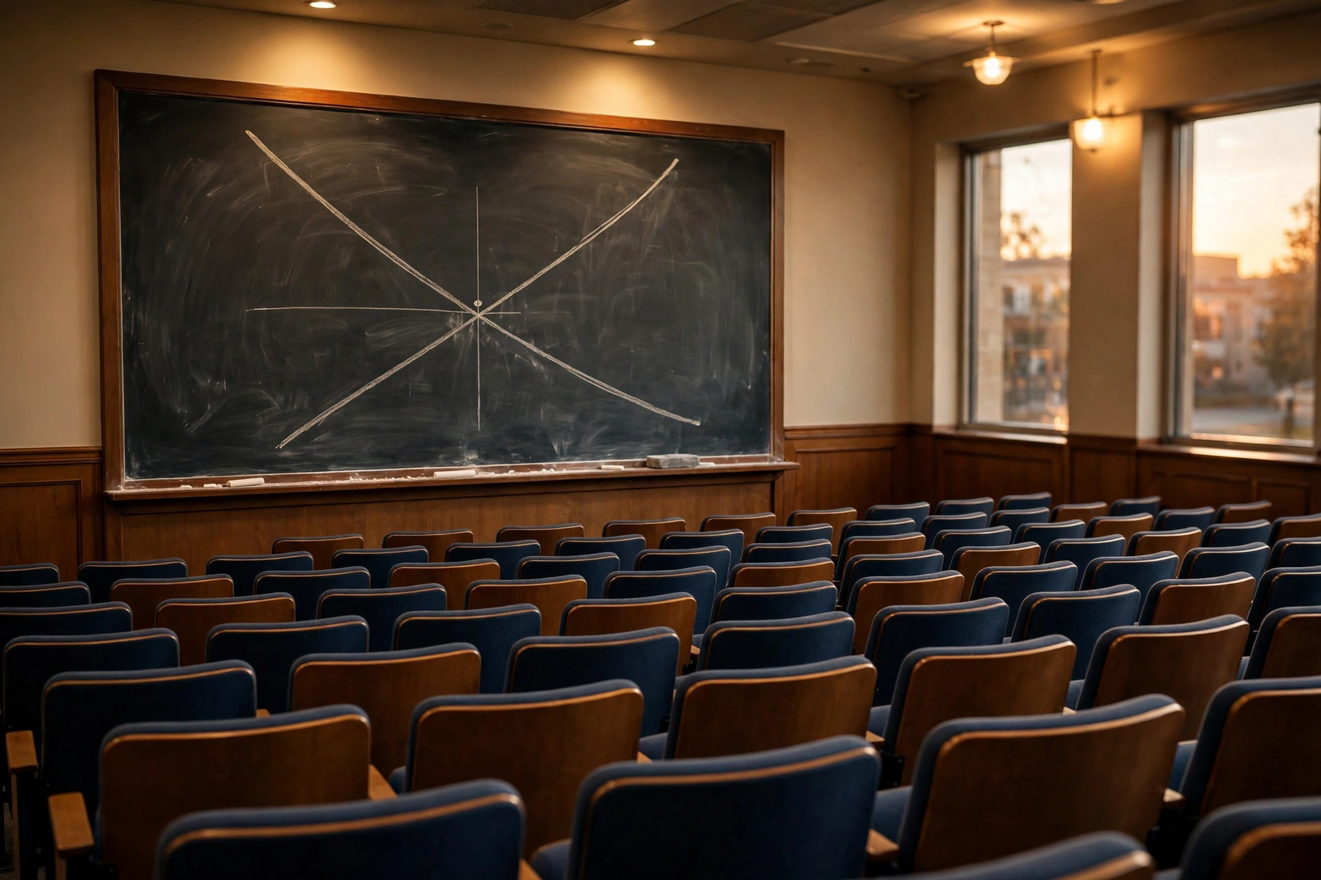 An empty university lecture hall with chalk-drawn charts on the blackboard.