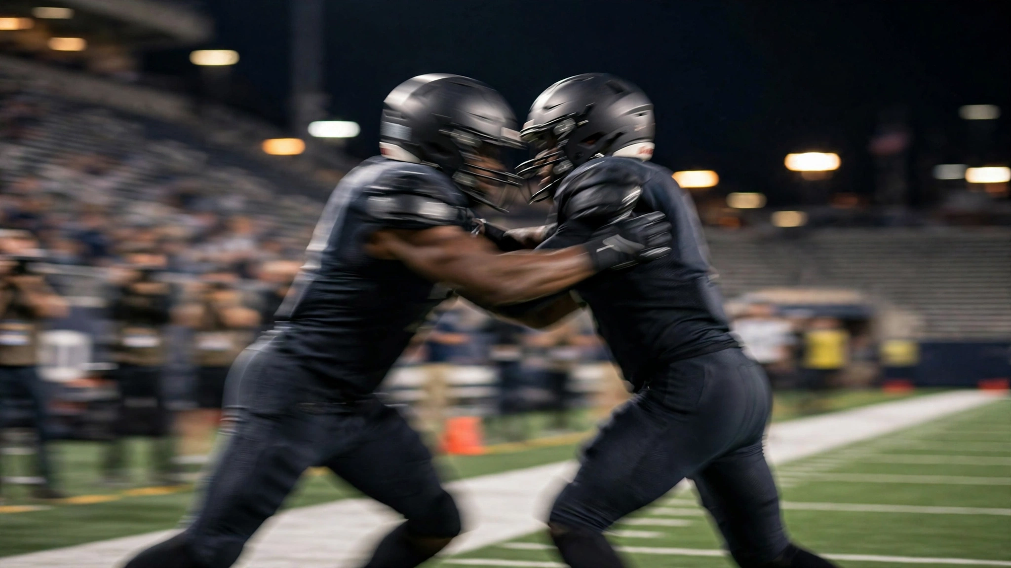 Two football players in dark uniforms clashing on the sideline under stadium lights