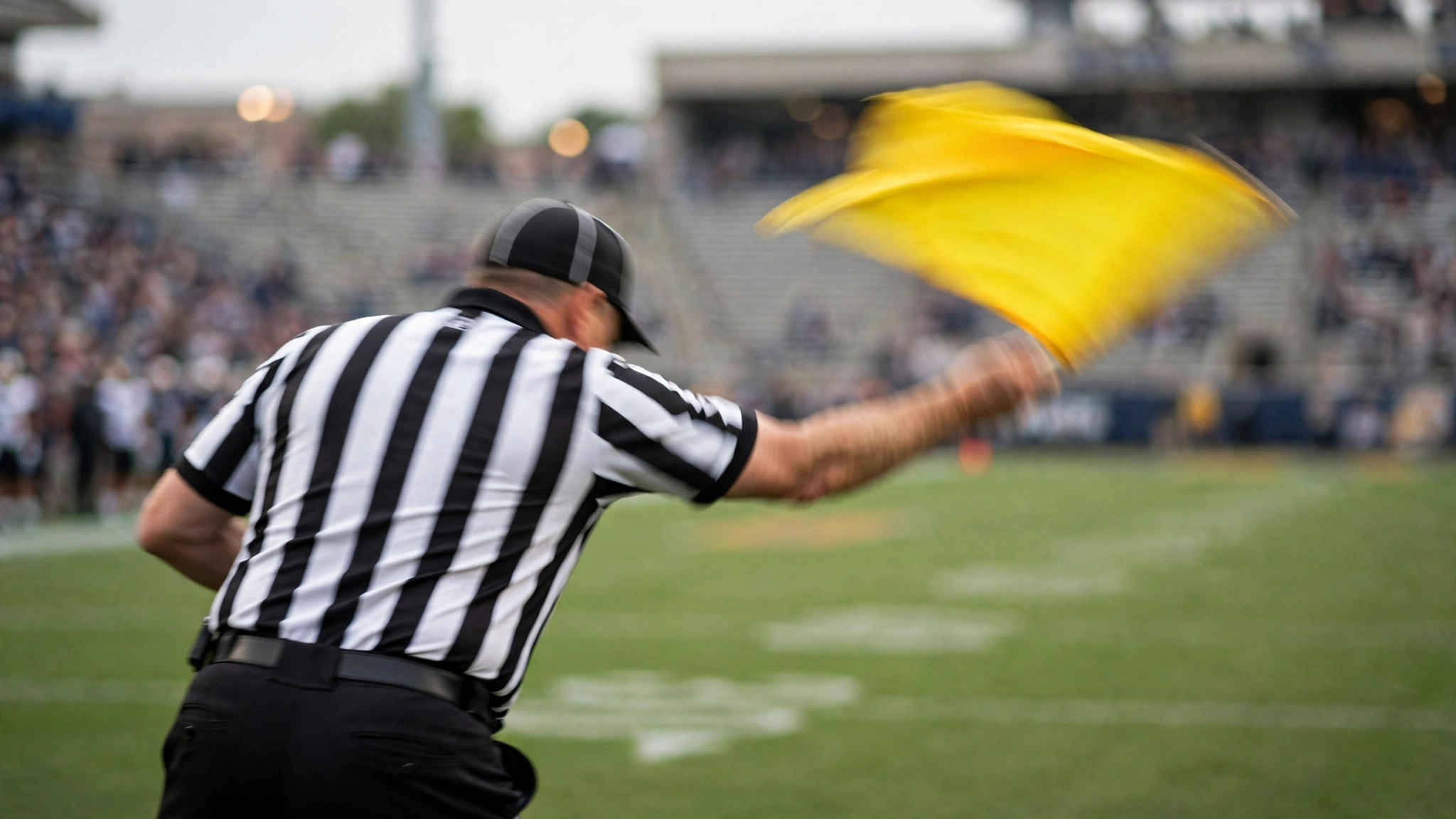 A football referee in a striped shirt throwing a yellow penalty flag onto the field
