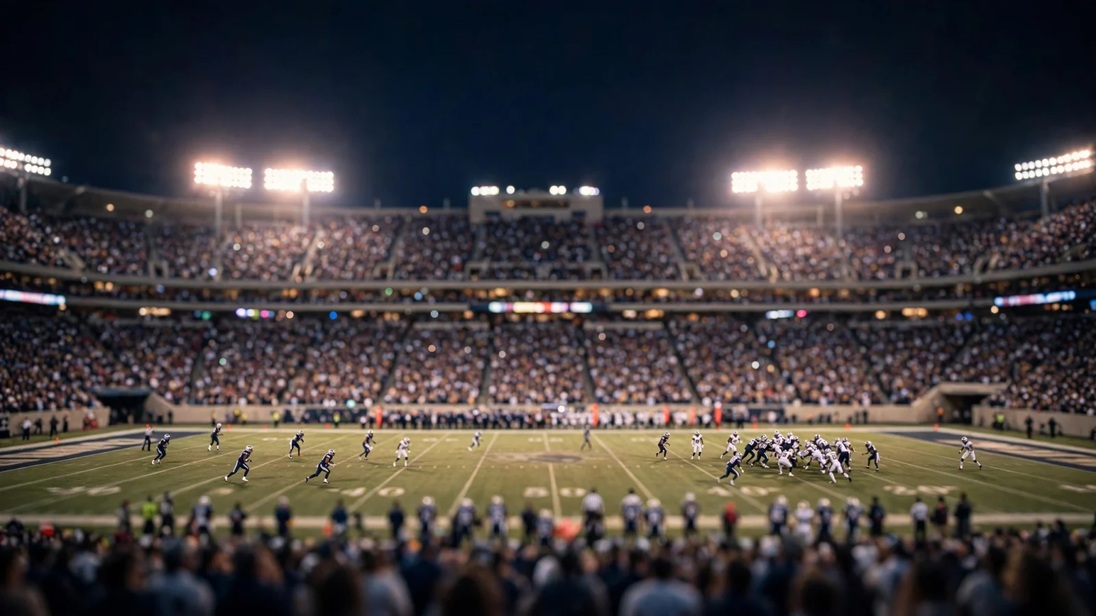 A packed football stadium at night with players lined up on the field under bright floodlights