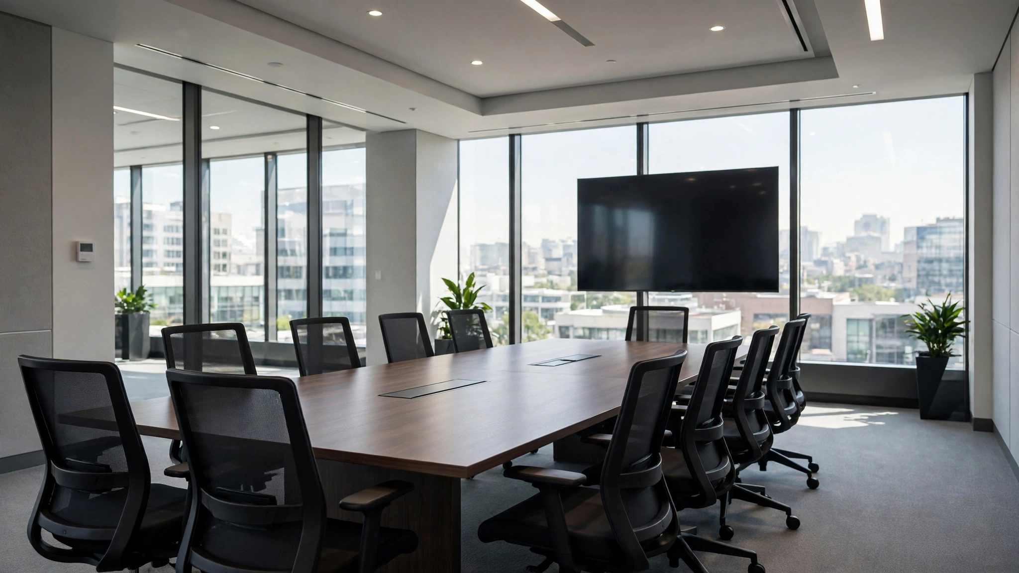 An empty executive conference room with a large wall-mounted television and a long meeting table