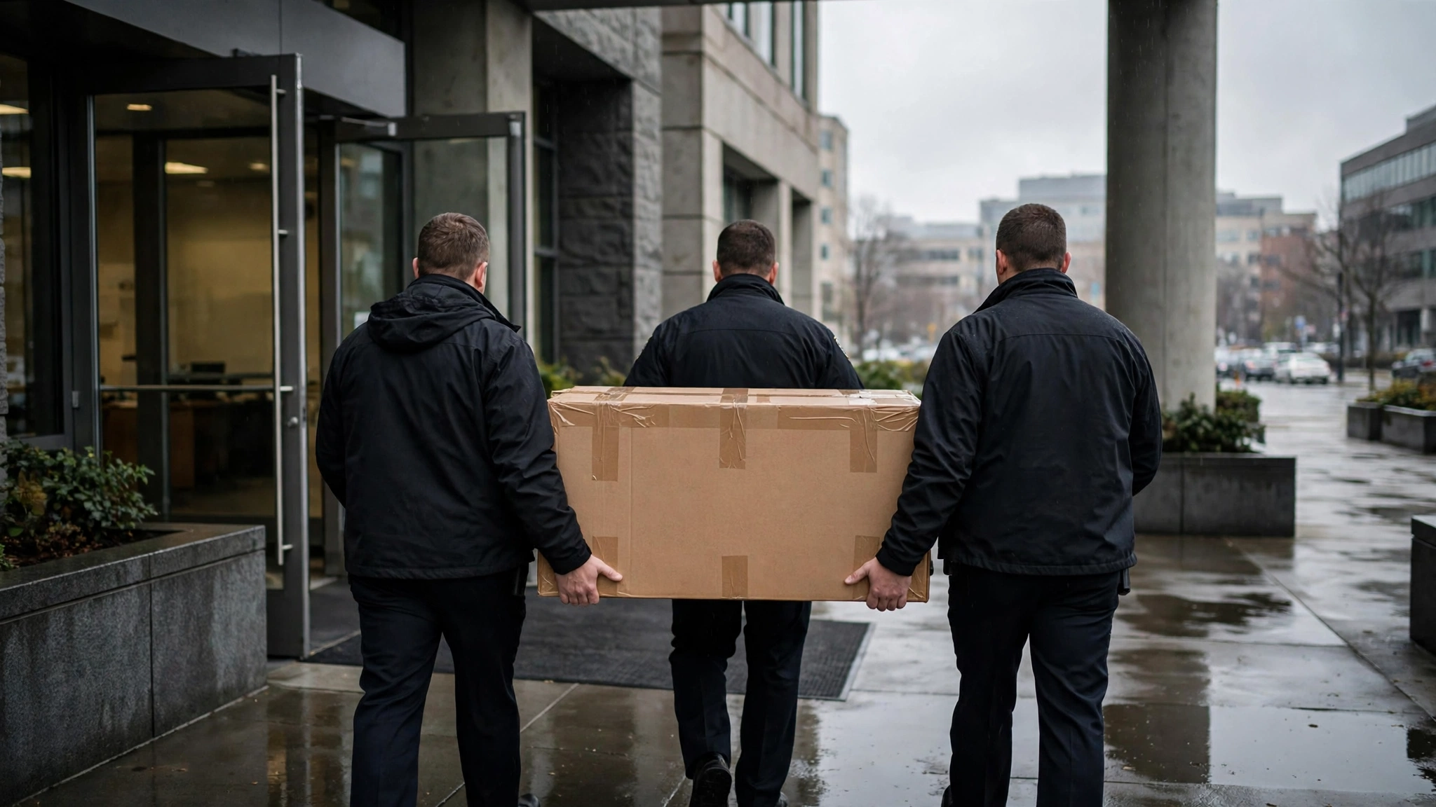 Three law enforcement officers seen from behind carrying a sealed cardboard evidence box out of an office building