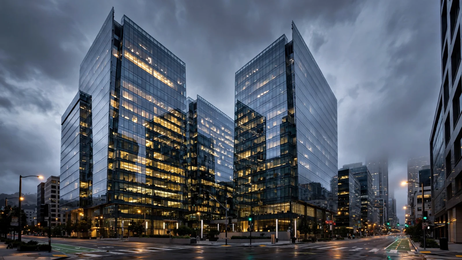 Glass office towers of a San Francisco business district at dusk