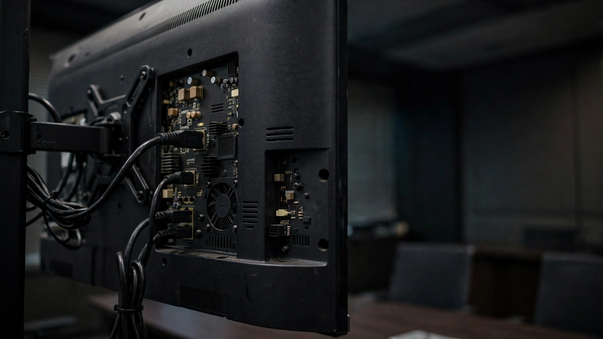 Close-up of the back of a wall-mounted television showing its rear panel and cables