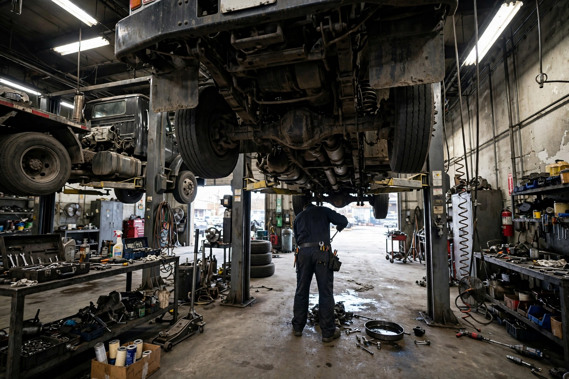 A mechanic working beneath a truck raised on a lift inside a diesel repair shop garage