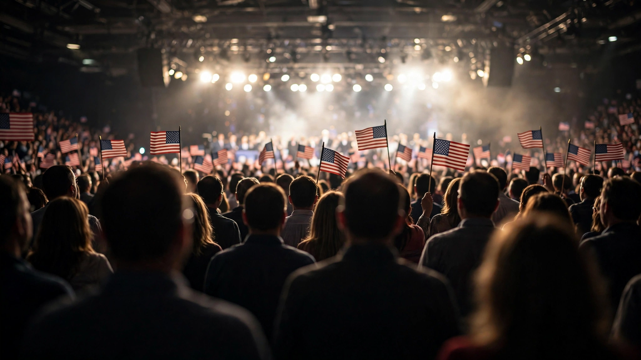 A large indoor rally crowd waving small American flags under bright stage lights