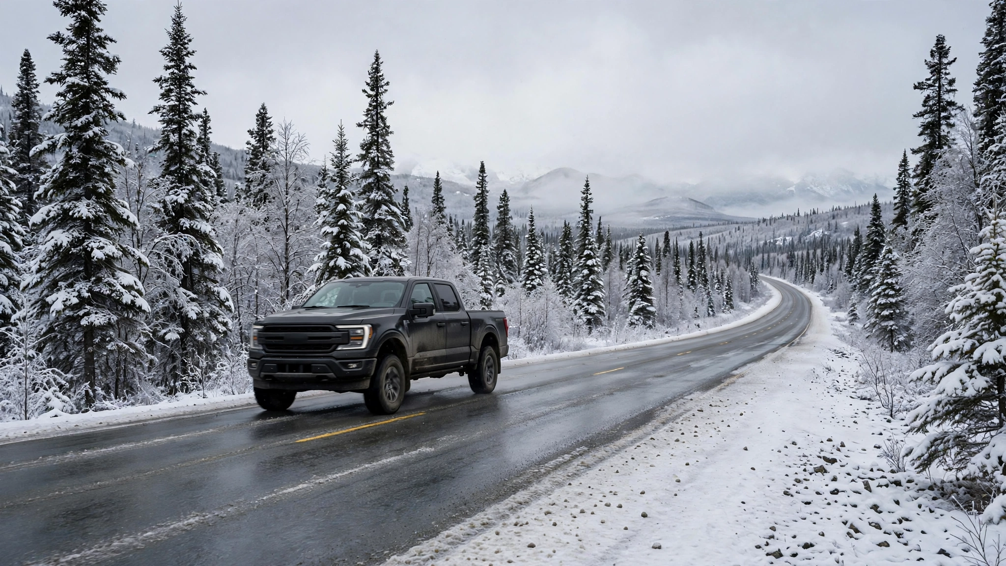 A dark diesel pickup truck on a snow-lined highway through Alaska spruce forest