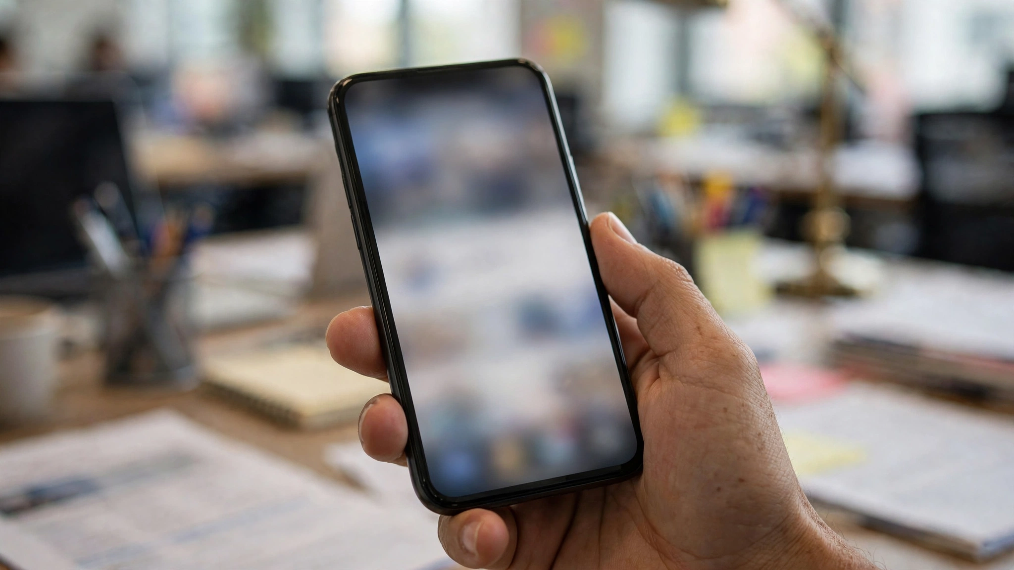 A hand holding a smartphone showing a blurred social media feed on its screen.
