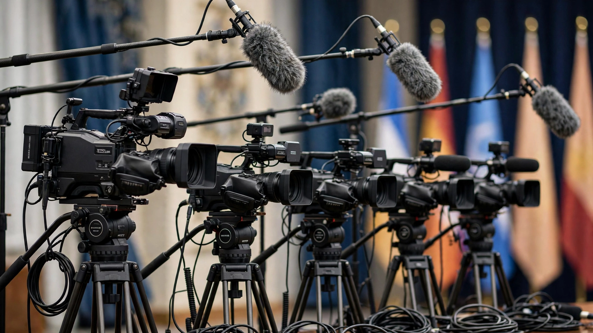 A row of television cameras and boom microphones at a diplomatic press briefing with flags blurred in the background.