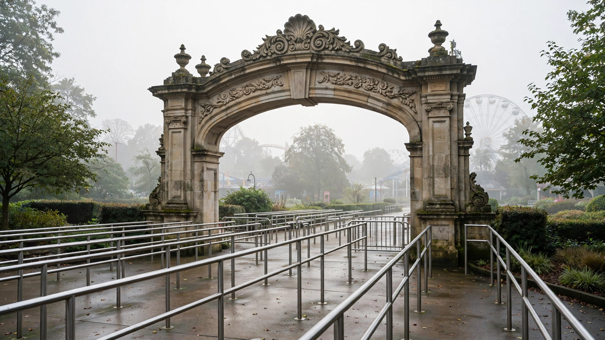An empty amusement park entrance with an ornate stone archway and metal queue railings on a foggy morning.