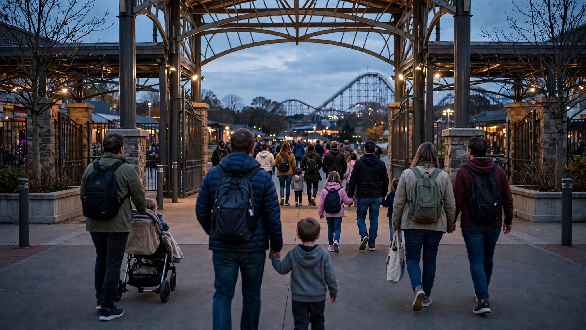 Families and visitors walking out of an amusement park entrance at dusk