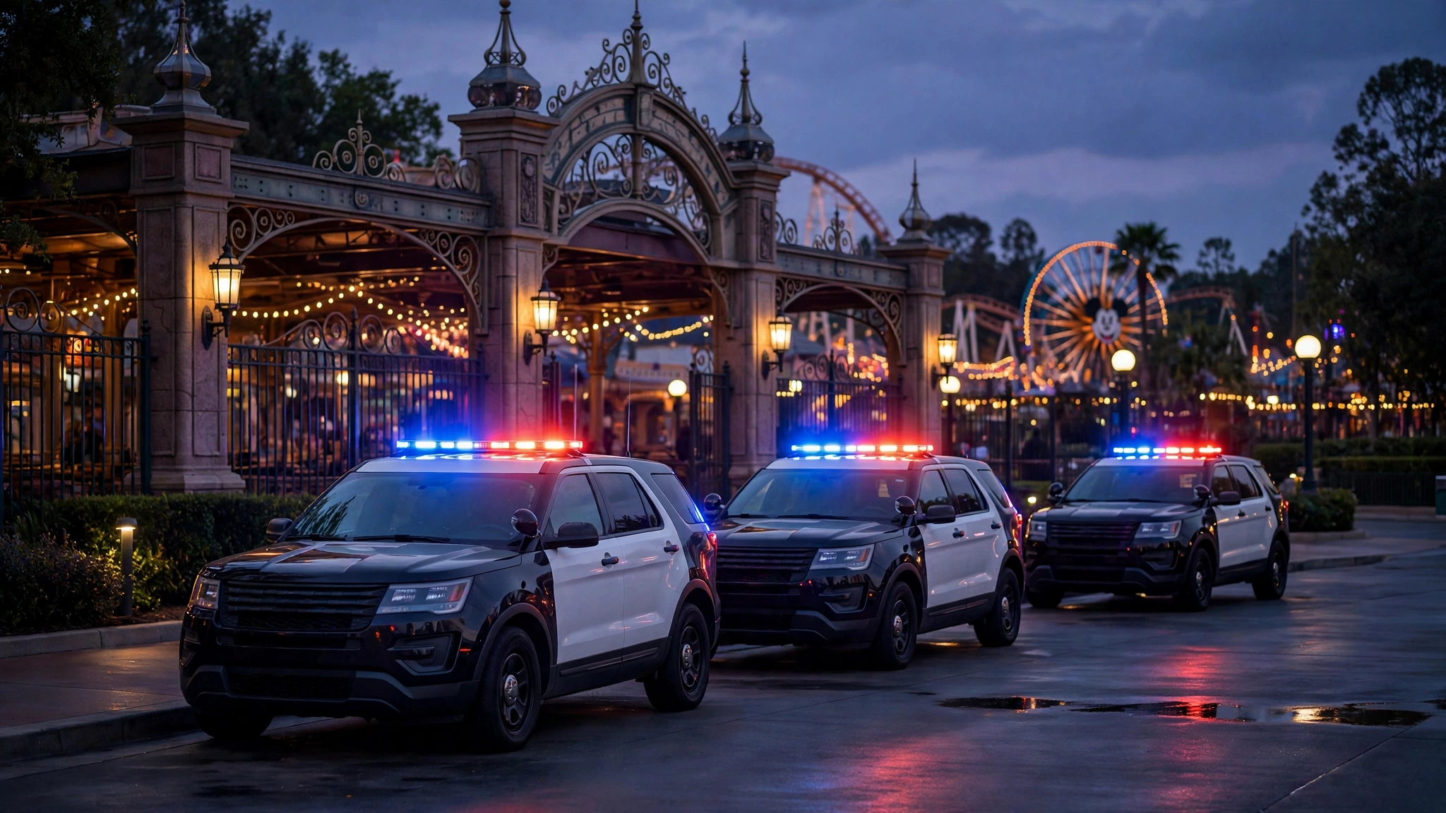 Police SUVs with flashing lights parked outside a theme park entrance at dusk