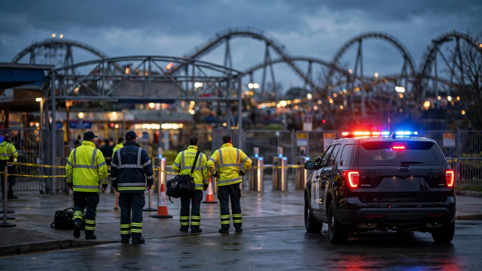 Emergency responders in high-visibility jackets and a police SUV with flashing lights at the entrance area of an amusement park at dusk, with roller coaster tracks in the background.
