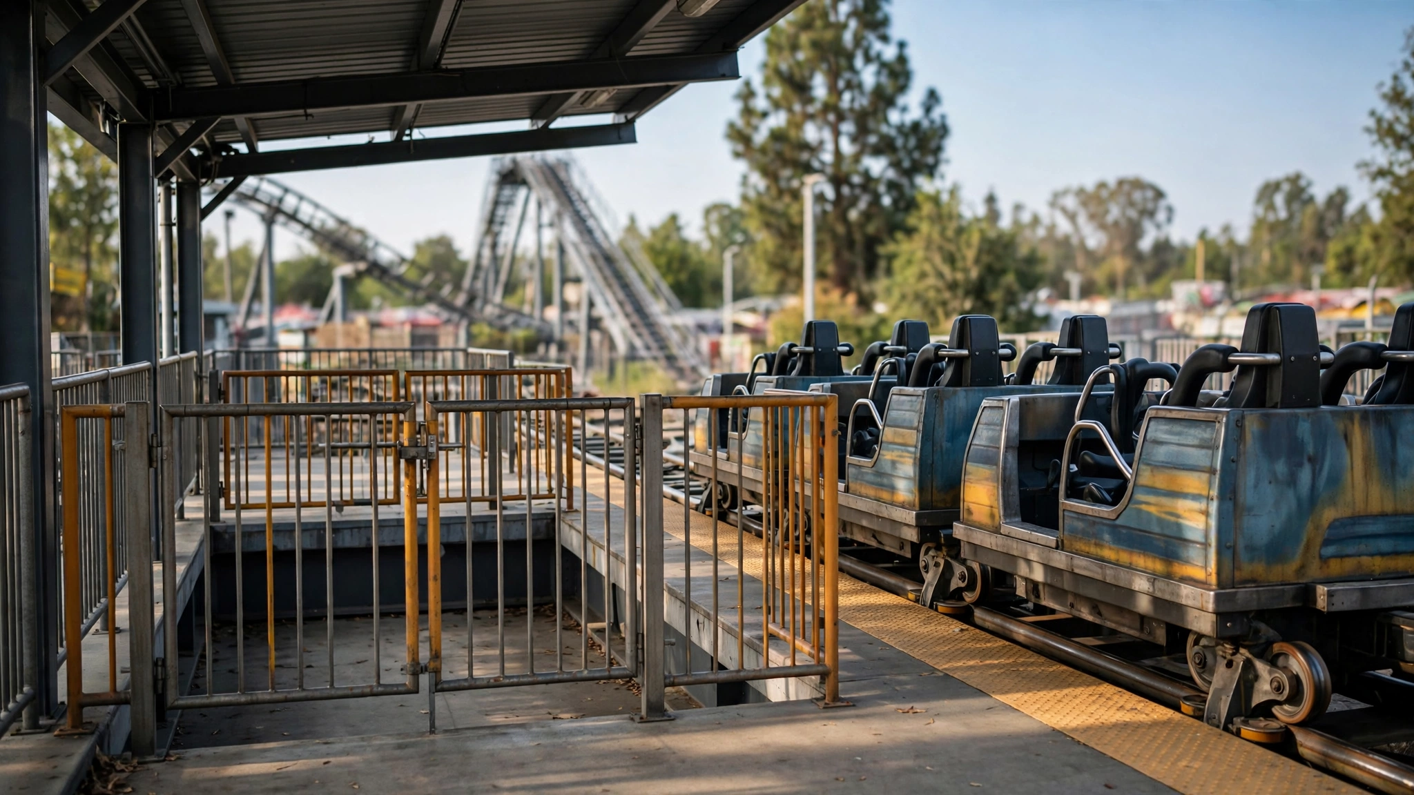 An empty roller coaster loading platform with a stationary train in the station
