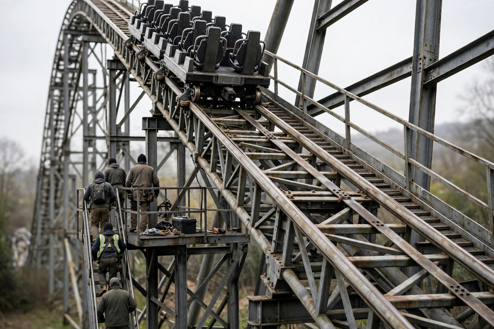 A roller coaster train stopped on a steep incline while crew members walk along an elevated maintenance walkway beside the track.