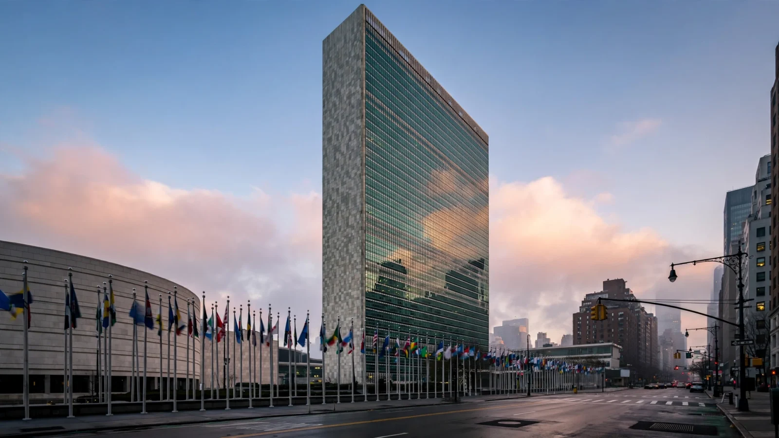 The United Nations headquarters building in Manhattan at dawn with rows of member-nation flags in the foreground.