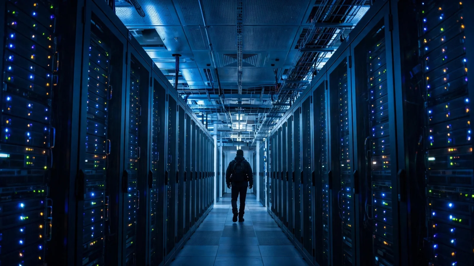 A person silhouetted in a corridor between rows of server racks in a data center