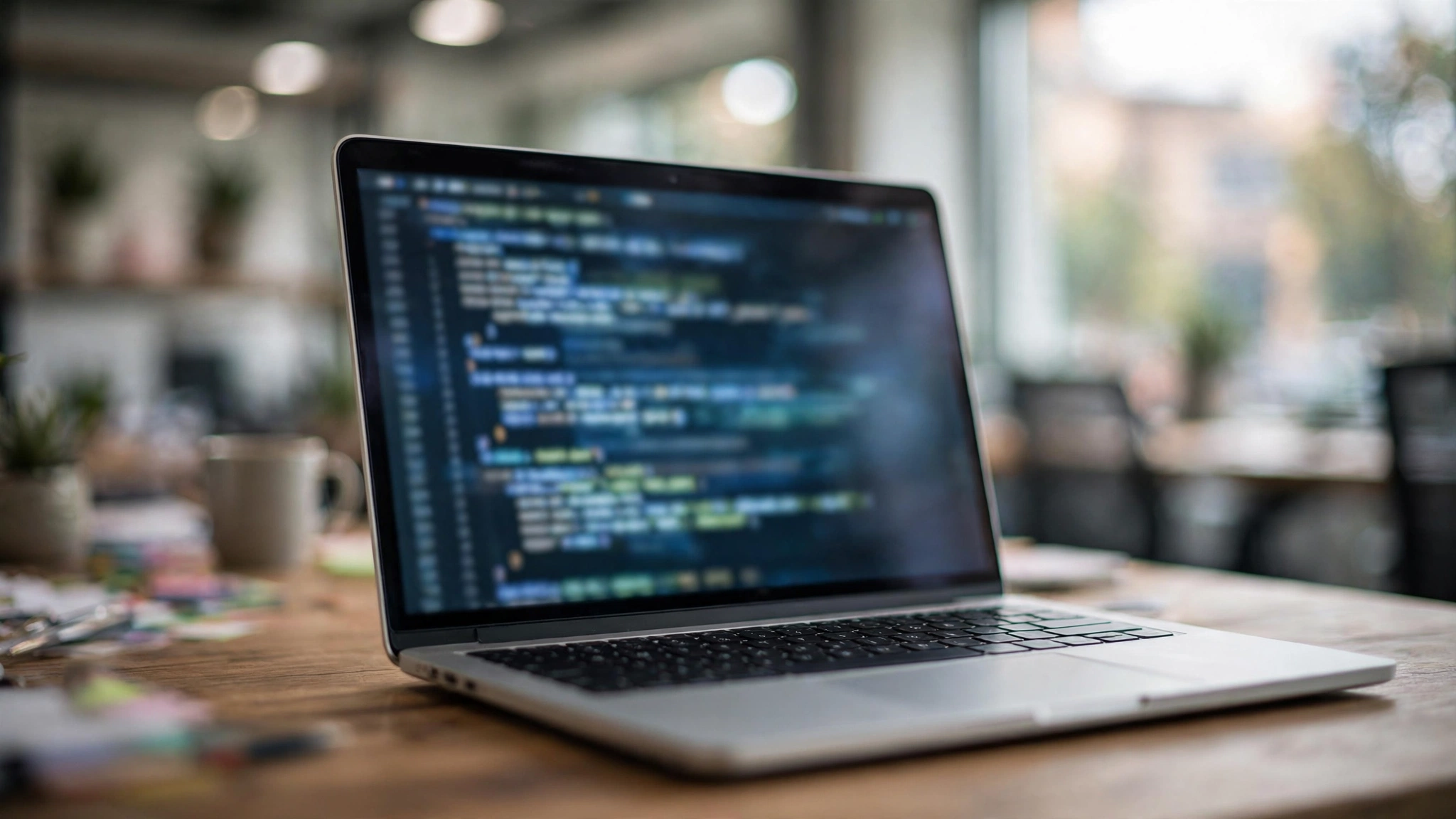 A laptop on an office desk with blurred code on its screen
