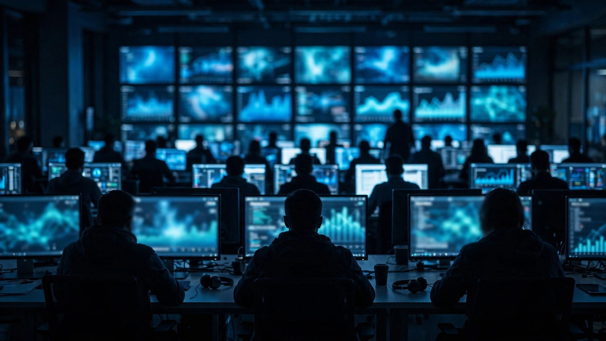 Analysts silhouetted in a security operations center with rows of monitors
