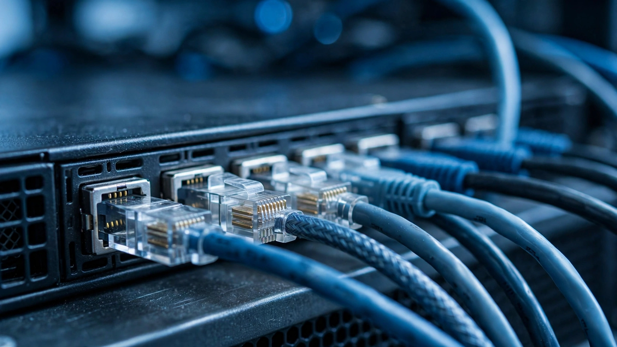 Close-up of ethernet cables plugged into server hardware